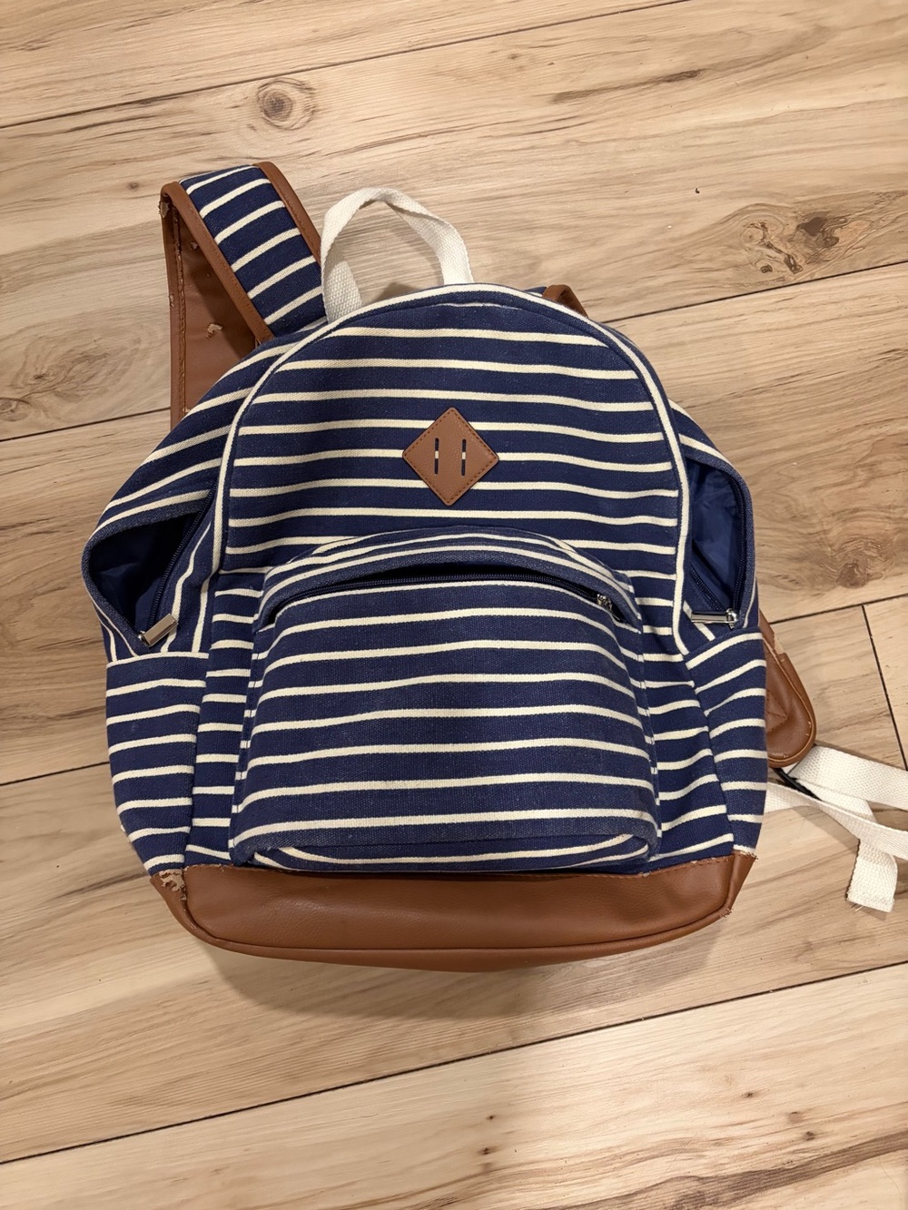 Navy & White Striped Canvas Backpack with Brown Trim
